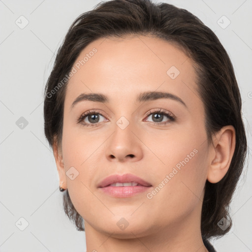 Neutral white young-adult female with medium  brown hair and brown eyes