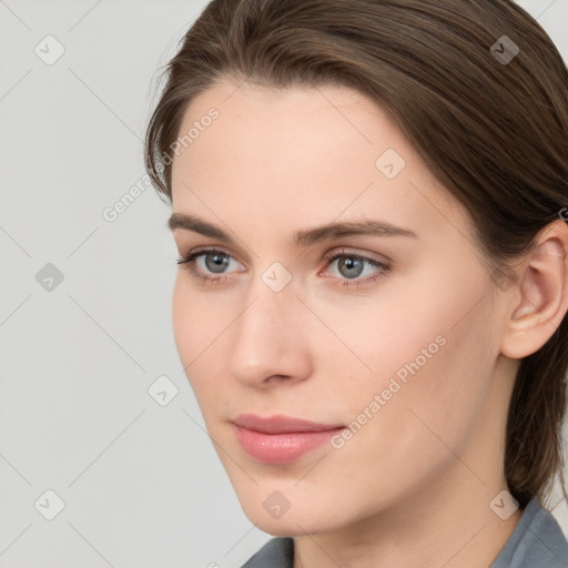 Neutral white young-adult female with medium  brown hair and grey eyes