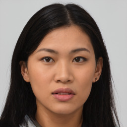 Neutral asian young-adult female with long  brown hair and brown eyes