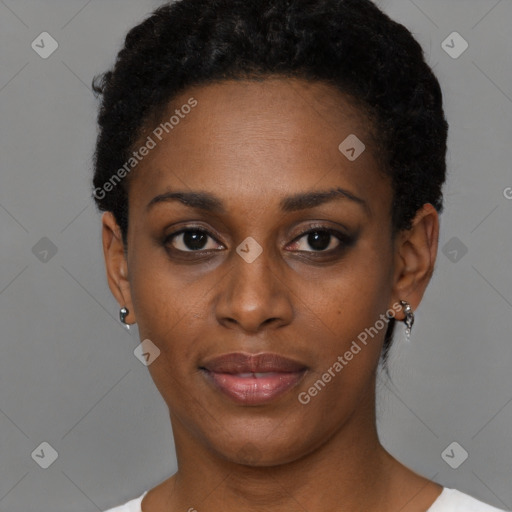 Neutral black young-adult female with short  black hair and brown eyes