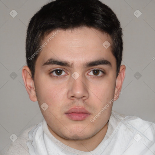 Neutral white young-adult male with short  brown hair and brown eyes