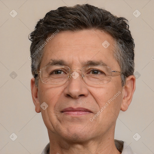 Joyful white middle-aged male with short  brown hair and brown eyes