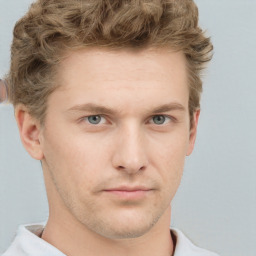 Neutral white young-adult male with short  brown hair and grey eyes