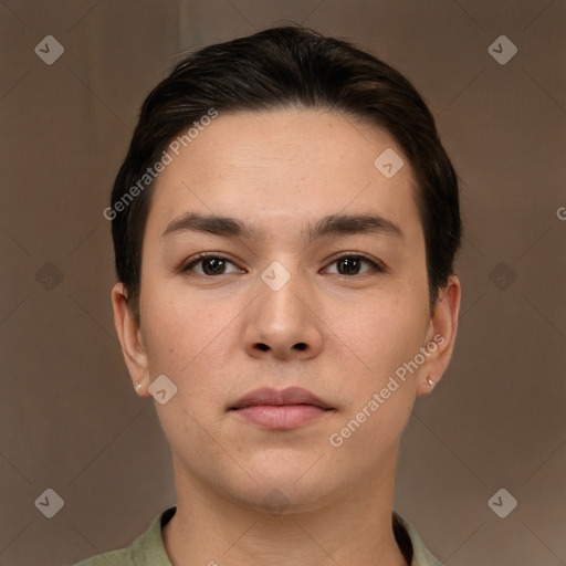 Neutral white young-adult male with short  brown hair and brown eyes