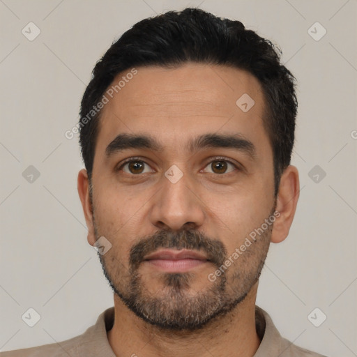 Neutral latino young-adult male with short  black hair and brown eyes