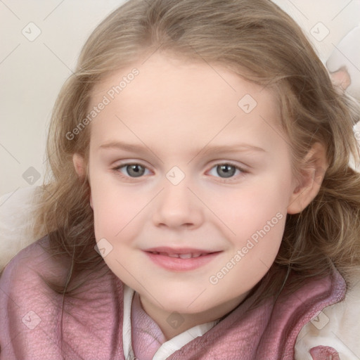 Joyful white child female with medium  brown hair and blue eyes