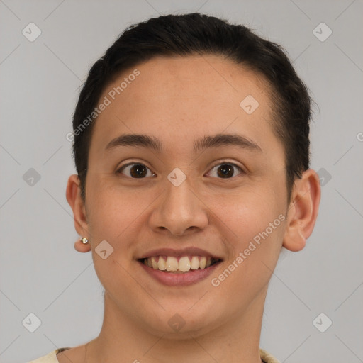 Joyful white young-adult female with short  brown hair and brown eyes