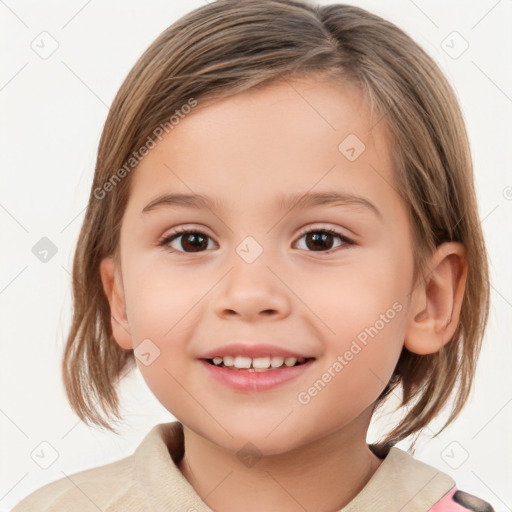 Joyful white child female with medium  brown hair and brown eyes