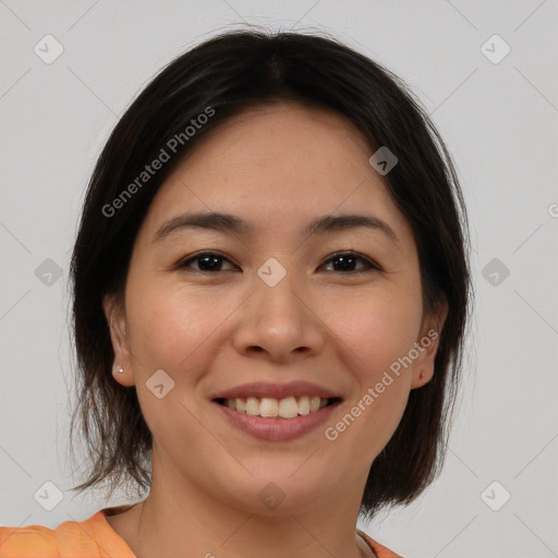 Joyful white young-adult female with medium  brown hair and brown eyes