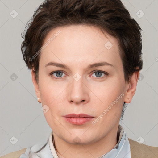 Neutral white young-adult female with short  brown hair and grey eyes