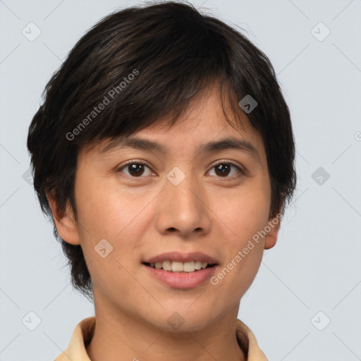 Joyful white young-adult female with medium  brown hair and brown eyes