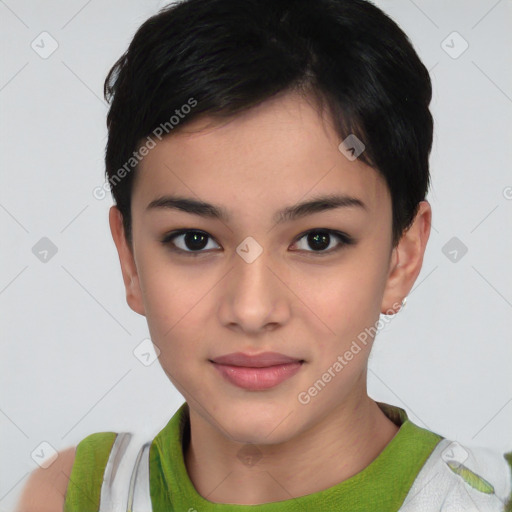 Joyful asian young-adult female with short  brown hair and brown eyes