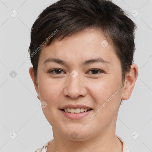 Joyful white young-adult female with short  brown hair and brown eyes