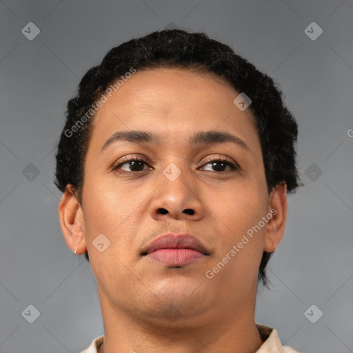 Neutral asian young-adult female with short  brown hair and brown eyes