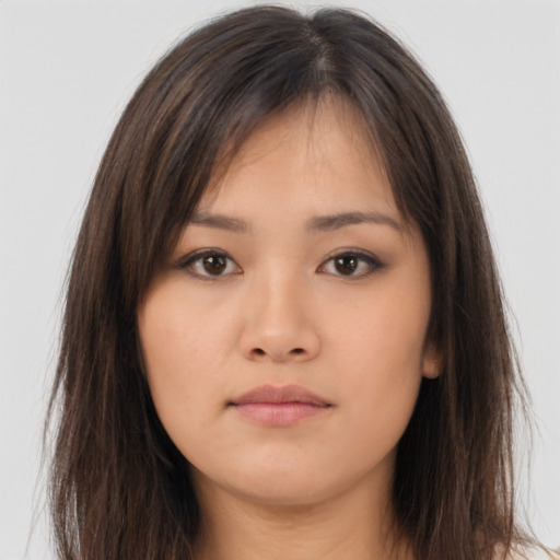Neutral asian young-adult female with long  brown hair and brown eyes