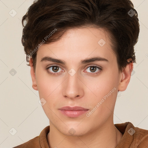 Neutral white young-adult female with short  brown hair and brown eyes