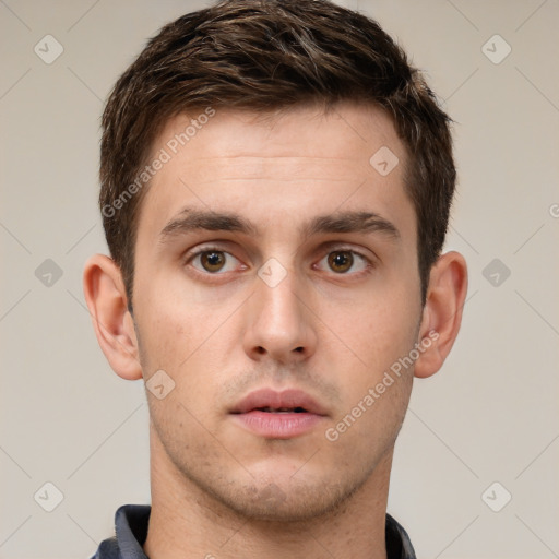 Neutral white young-adult male with short  brown hair and brown eyes