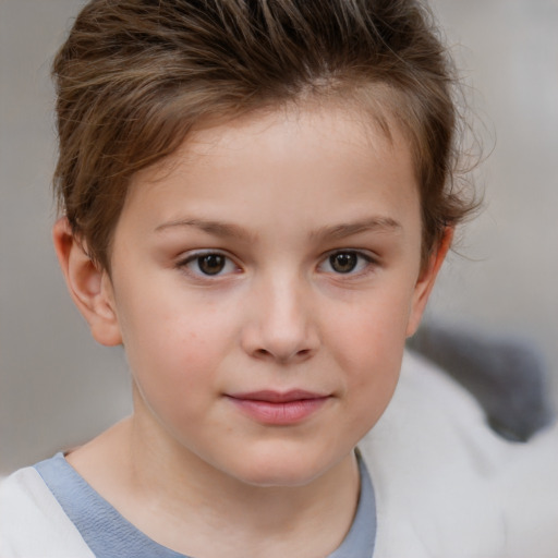 Joyful white child female with short  brown hair and brown eyes