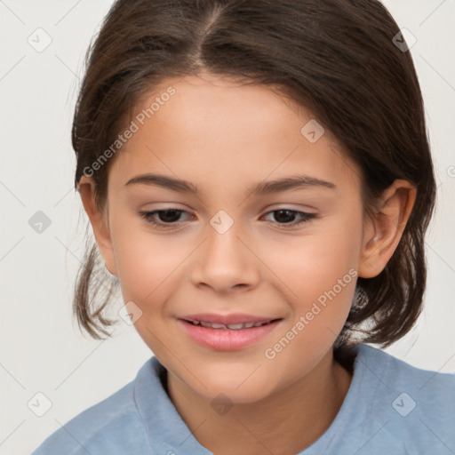 Joyful white child female with medium  brown hair and brown eyes