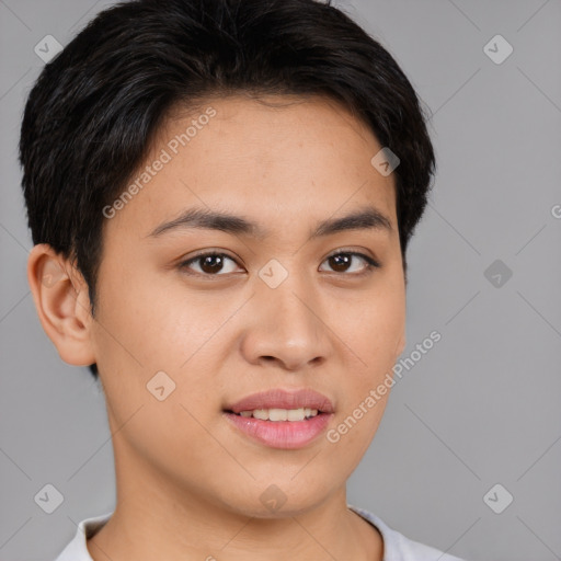 Joyful white young-adult female with short  brown hair and brown eyes