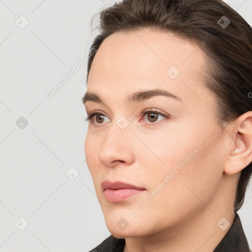 Neutral white young-adult female with medium  brown hair and brown eyes