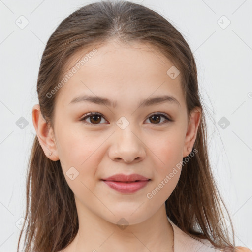 Joyful white child female with medium  brown hair and brown eyes