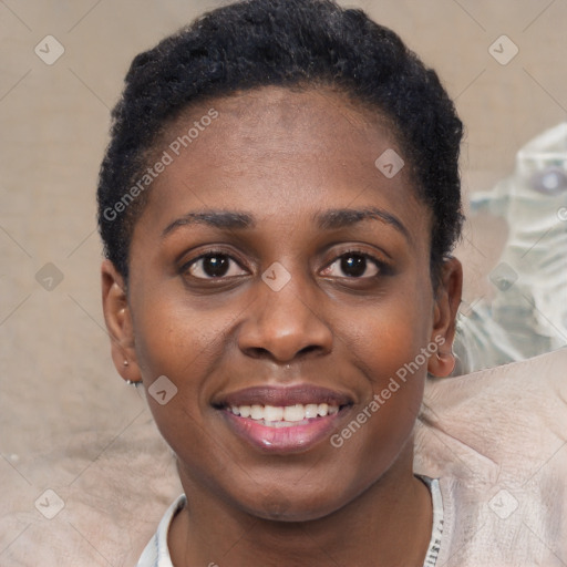 Joyful black young-adult female with short  brown hair and brown eyes