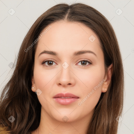 Neutral white young-adult female with long  brown hair and brown eyes