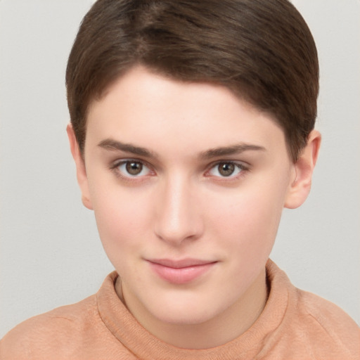 Neutral white young-adult female with short  brown hair and brown eyes