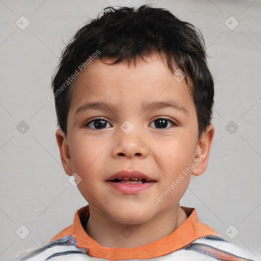 Joyful white child male with short  brown hair and brown eyes