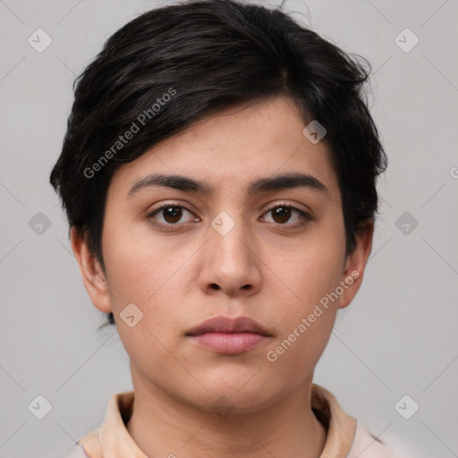 Neutral white young-adult female with short  brown hair and brown eyes