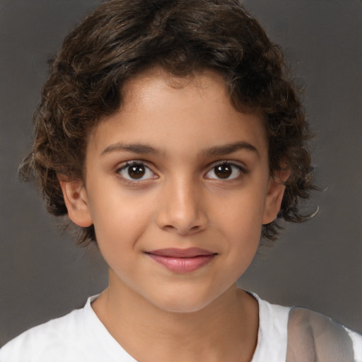 Joyful white child female with short  brown hair and brown eyes