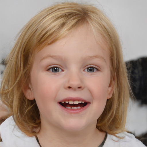 Joyful white child female with medium  brown hair and blue eyes