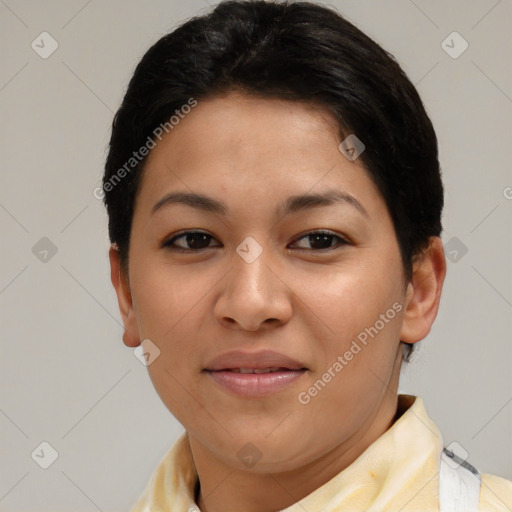 Joyful asian young-adult female with short  brown hair and brown eyes