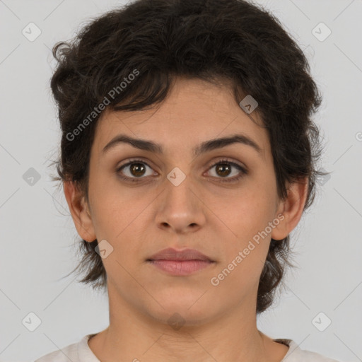 Neutral white young-adult female with short  brown hair and brown eyes