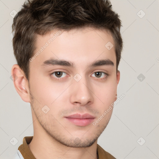 Neutral white young-adult male with short  brown hair and brown eyes