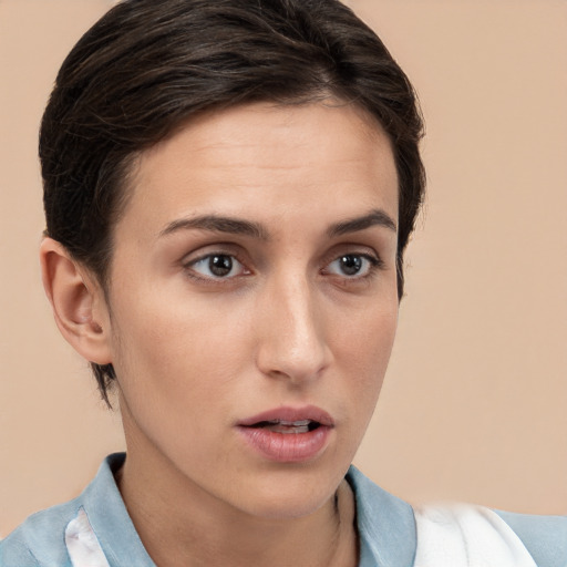 Neutral white young-adult female with medium  brown hair and brown eyes