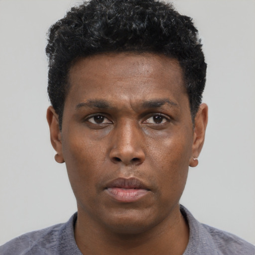 Neutral black young-adult male with short  black hair and brown eyes