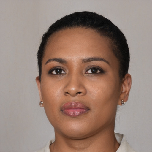 Neutral black young-adult female with short  black hair and brown eyes
