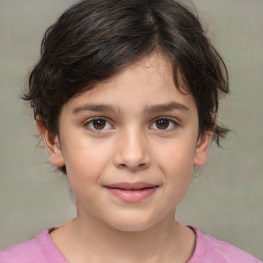 Joyful white child female with medium  brown hair and brown eyes