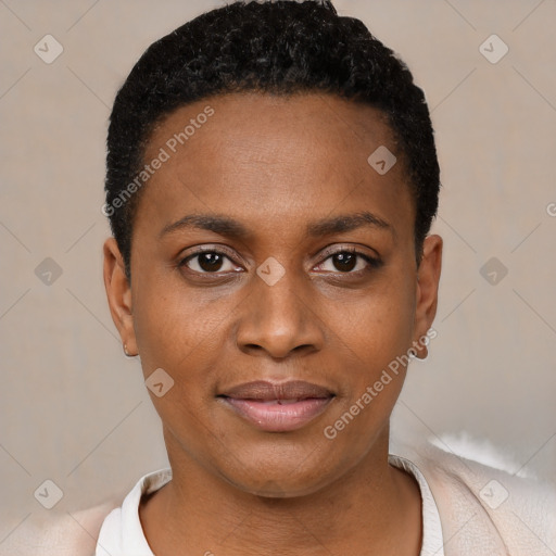 Joyful black young-adult female with short  black hair and brown eyes