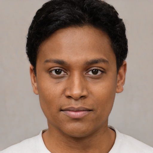 Neutral black young-adult female with short  black hair and brown eyes