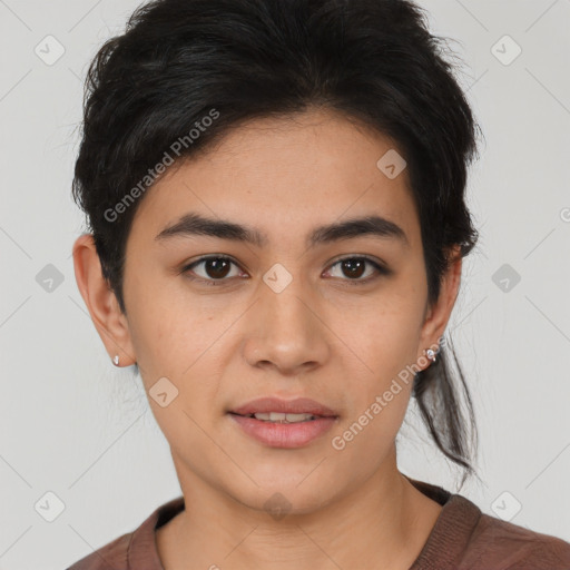 Joyful white young-adult female with medium  black hair and brown eyes