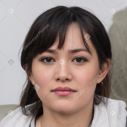 Neutral white young-adult female with medium  brown hair and brown eyes