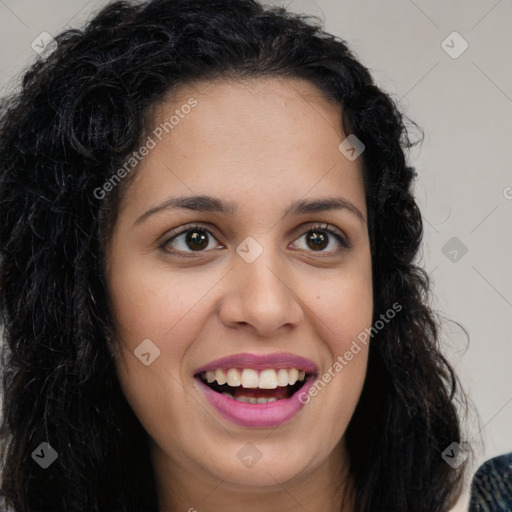 Joyful latino young-adult female with long  brown hair and brown eyes