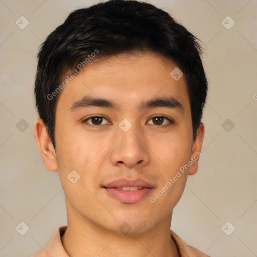 Joyful asian young-adult male with short  brown hair and brown eyes