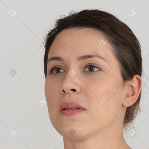 Neutral white young-adult female with medium  brown hair and brown eyes