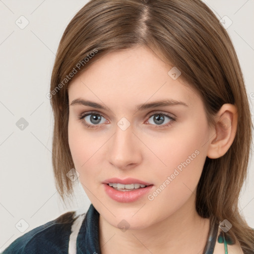 Neutral white young-adult female with medium  brown hair and brown eyes