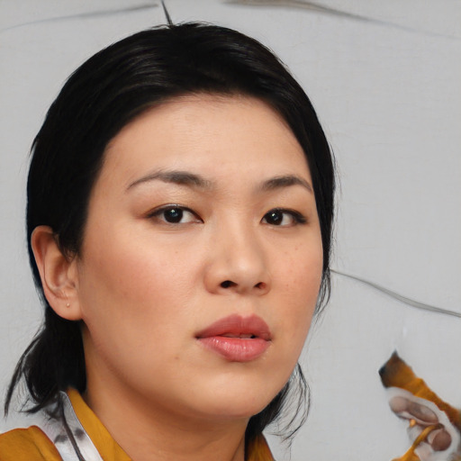 Neutral asian young-adult female with medium  black hair and brown eyes