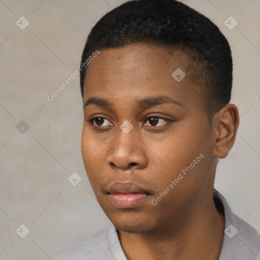 Neutral black young-adult male with short  black hair and brown eyes